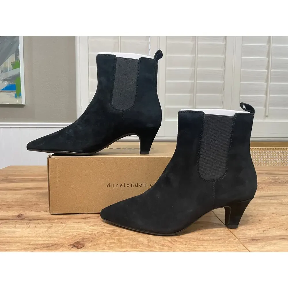 Dune London Comfort Kitten Chelsea Ankle Boot Black Suede Sz 7.5/8 US 38 EU NIB